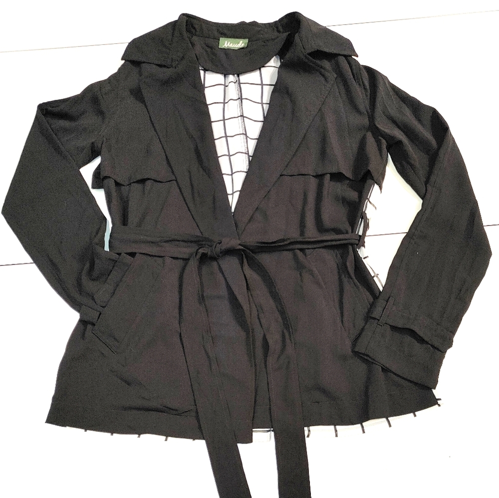 Belted jacket with chiffon back accent